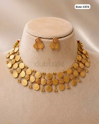Traditional Gold-Toned Coin Necklace Set with Matching Earrings