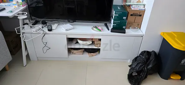 Low white TV cabinet / entertainment unit - 2 doors, open shelves