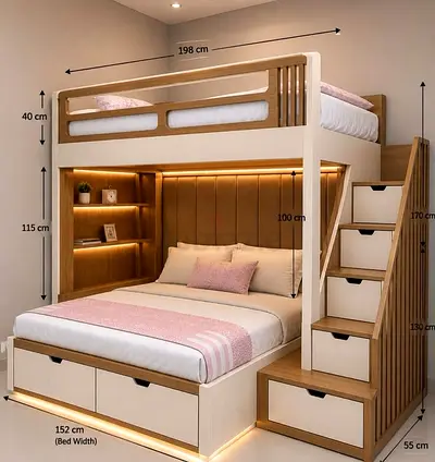 Solid wood bunk bed with storage stairs and double bed - modern design
