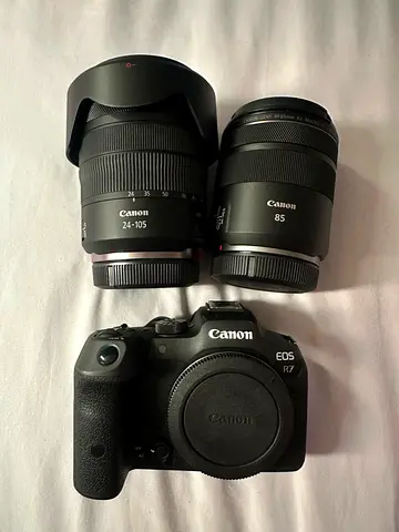 Canon EOS R7 body with RF 24-105mm and RF 85mm lenses