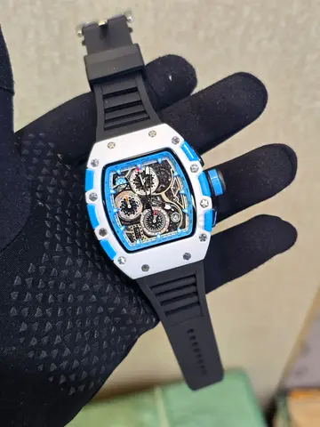 Automatic Skeleton Sport Watch with Blue Accents - Rubber Strap