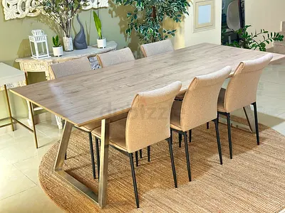 Solid Wood Dining Table with 6 Upholstered Chairs - Light Oak Finish