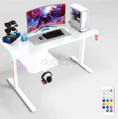 L-shaped Gaming Desk with RGB Lighting, Cup & Headphone Holders (White)