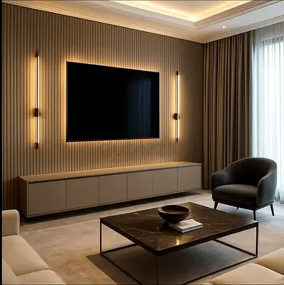 Modern wall-mounted entertainment unit with LED backlit TV and coffee table