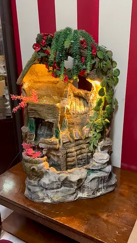 Indoor tabletop waterfall fountain with LED light and faux plants