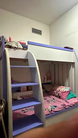 White and Lavender Wooden Bunk Bed with Stairs - Good Condition