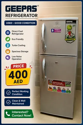 Geepas Double Door Refrigerator - Good Condition, 400 AED