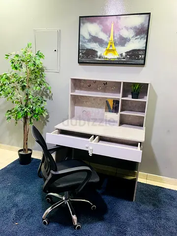 Compact Writing Desk with Hutch and Office Chair - Light Wood