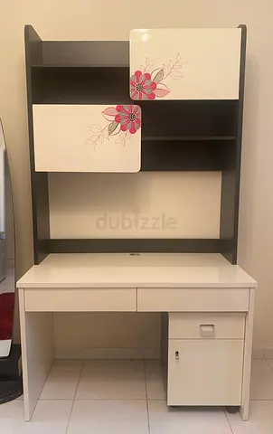 Set of 4 — Large White Study Desk with Shelves, Dressing Table with Shelves, and 2 Bedside Tables