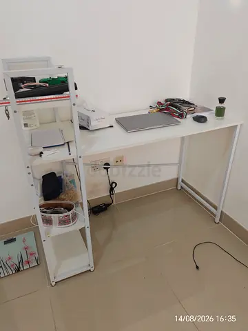 White Corner Study Desk with Attached Shelving - Compact and Clean