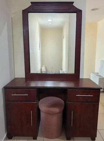 Solid Wood Dressing Table with Mirror and Stool - Dark Brown