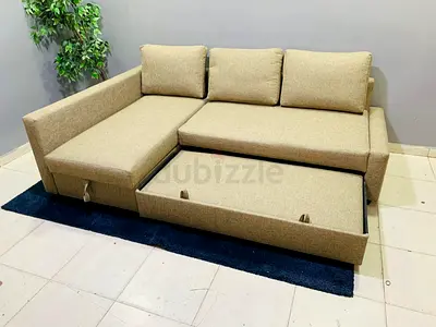 Beige L-shaped Sofa Bed with Storage & Pull-out Bed - Good Condition