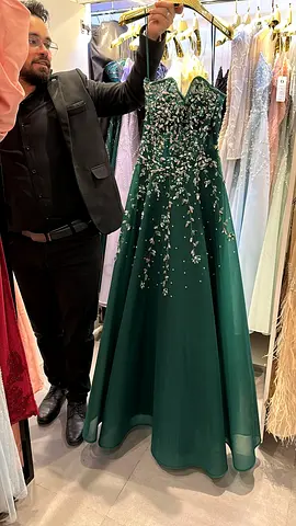 Emerald Green Strapless Evening Gown with Beaded Bodice - New