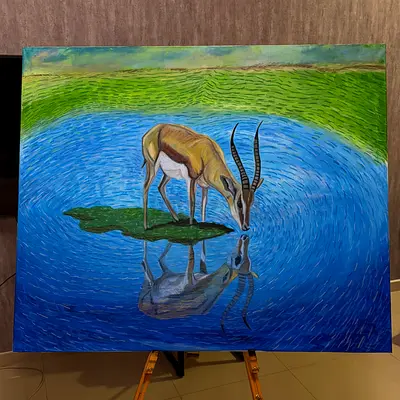 Original Gazelle Painting with Reflective Water — Large Acrylic on Canvas