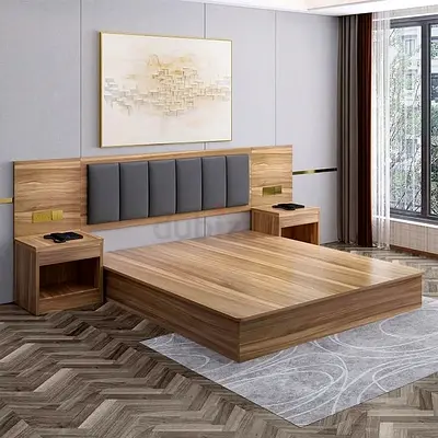 Modern low-profile wooden platform bed with attached headboard and side tables