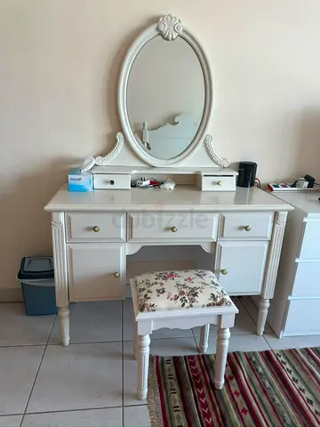 White Wooden Dressing Table with Mirror and Floral Stool - Good Condition
