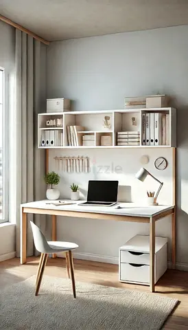 White Wooden Desk with Overhead Shelving and Drawer