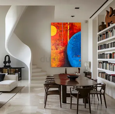 Large Abstract Canvas Painting - Modern Wall Art (Blue & Orange Planets)