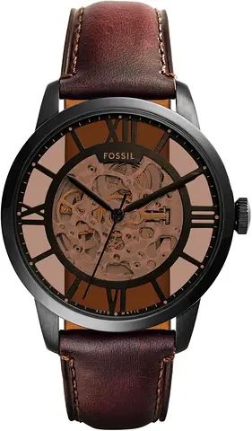 Fossil Men’s Automatic Skeleton Watch with Brown Leather Strap with box