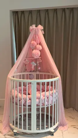 Round White Wooden Baby Crib with Pink Canopy and Bumper stokke brand ,(Like New)