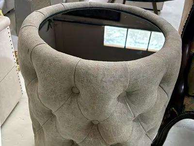 Tufted Grey Velvet Drum Side - Table with Mirror Top