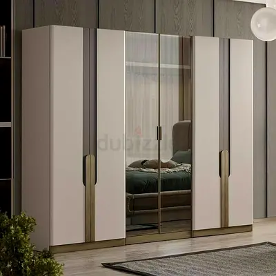 Modern 6-Door Wardrobe with Mirrored Center Panels - Beige/Gold Finish