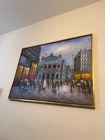 Large Framed City Street Painting in Gold Frame