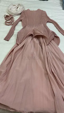 Dusty Rose Pleated Maxi Dress with Hijab and Belt