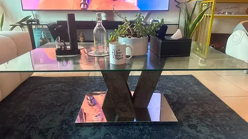 Glass Top Coffee Table with Mirrored V-Shaped Base