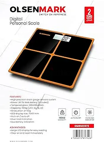 Olsenmark Digital Personal Bathroom Scale - Black/Gold, 2yr Warranty