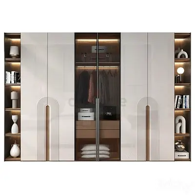 Modern 6-Door Wardrobe with Glass Center and Side Shelves