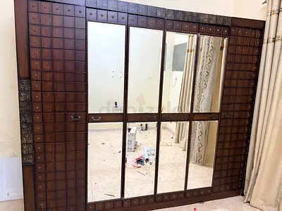 Large Mirrored Wooden Wardrobe / Armoire with Decorative Carved Frame