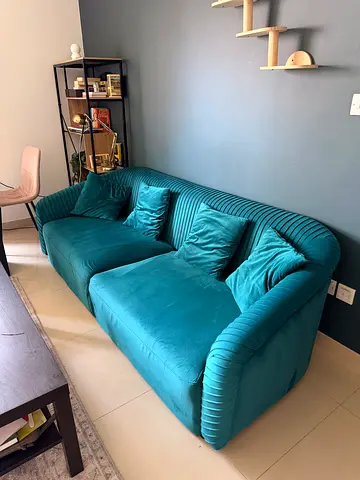 Teal Velvet 3-Seater Curved Sofas in Good Condition