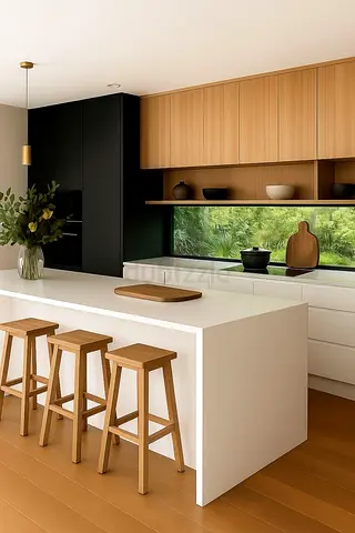 Modern minimal kitchen island with wooden stools