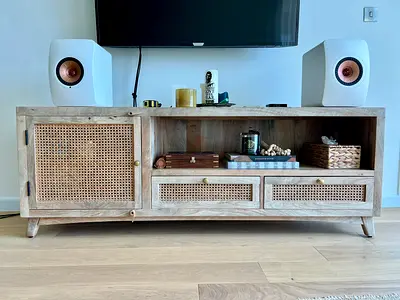 Pottery Barn Solid Wood TV Board / Media Console with Rattan Doors and Drawers