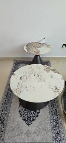 Pair of Modern Marble Top Side Tables with Black Bases