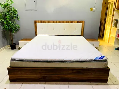 Queen size wooden bed frame with headboard and mattress