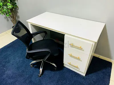 White Office Desk with 3 Drawers and Black Mesh Chair - Good Condition