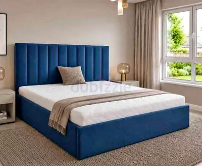 New Blue Upholstered King Size Bed with Padded Headboard And Mattress