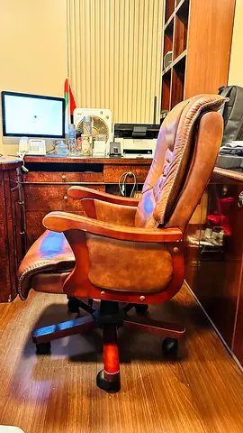 Brown leather executive office chair with wooden frame - good condition