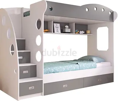 White & Grey Kids Bunk Bed with Stairs, Shelves and Drawers