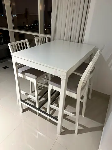 White High Dining Table/ Bar Table with 4 Matching Chairs - Modern Minimalist Set