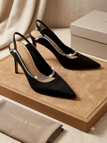 Charles & Keith black slingback heels with crystal trim, size 40