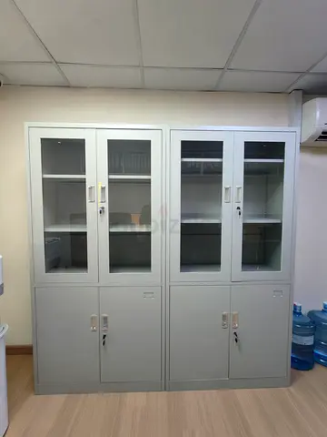 Metal office storage cabinets with glass display doors