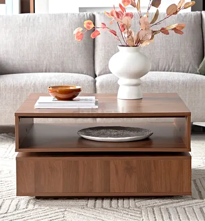 Wooden Modern Coffee Table with Storage Drawer - Walnut Finish