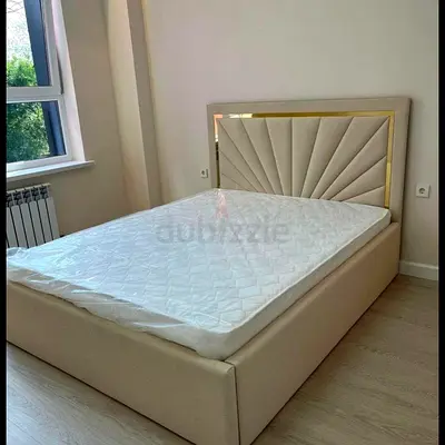 Beige Upholstered Double Bed with Padded Headboard