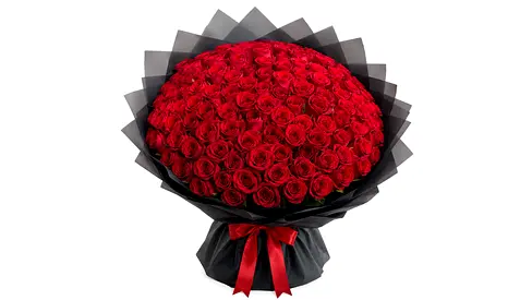 Large bouquet of 101 fresh red roses - fresh romantic arrangement