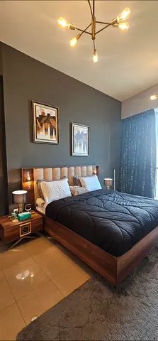 Turkish design, slightly used, Wooden bed set with night stand and dresser Mirror and Modern Drawer.
