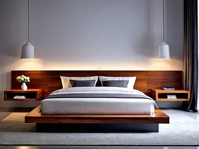 Modern low-profile wooden platform bed with integrated floating nightstands