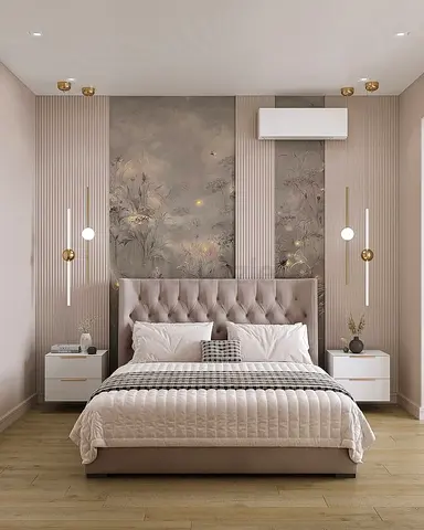 Queen upholstered bed with tufted headboard in beige